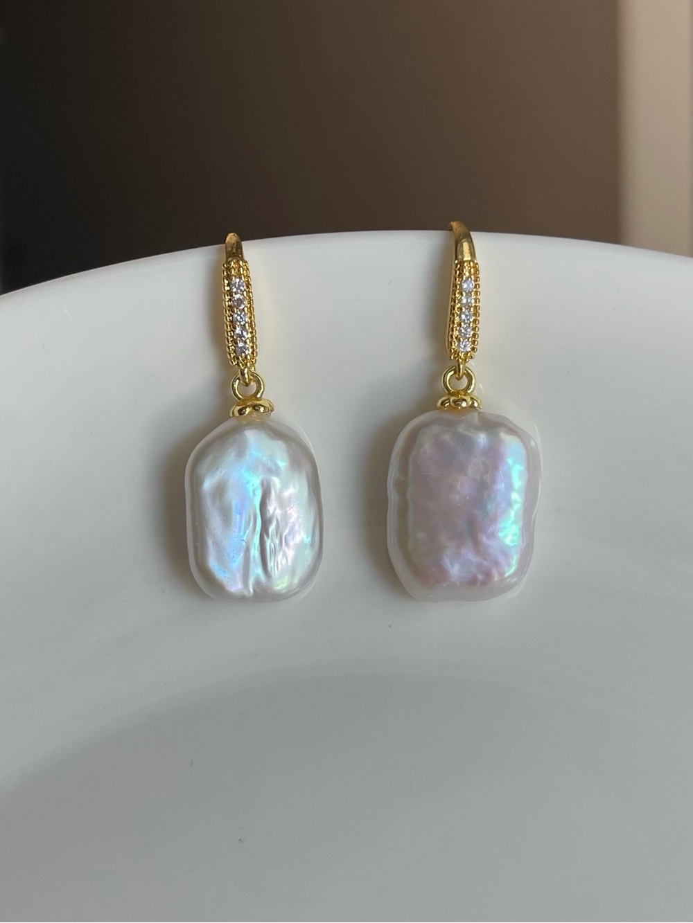 Gold Baroque Pearl Drop Earrings - Iridescent White